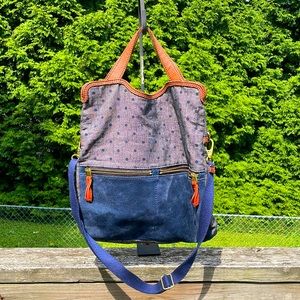 Gently used Fossil handbag in Navy blue leather with cross-body strap.